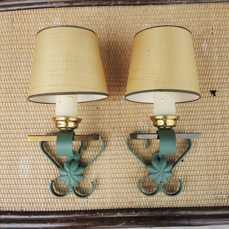 2 old wall lights in brass and painted wrought iron