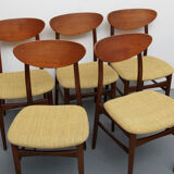 Set of 5 chairs in teak, yellow fabric
