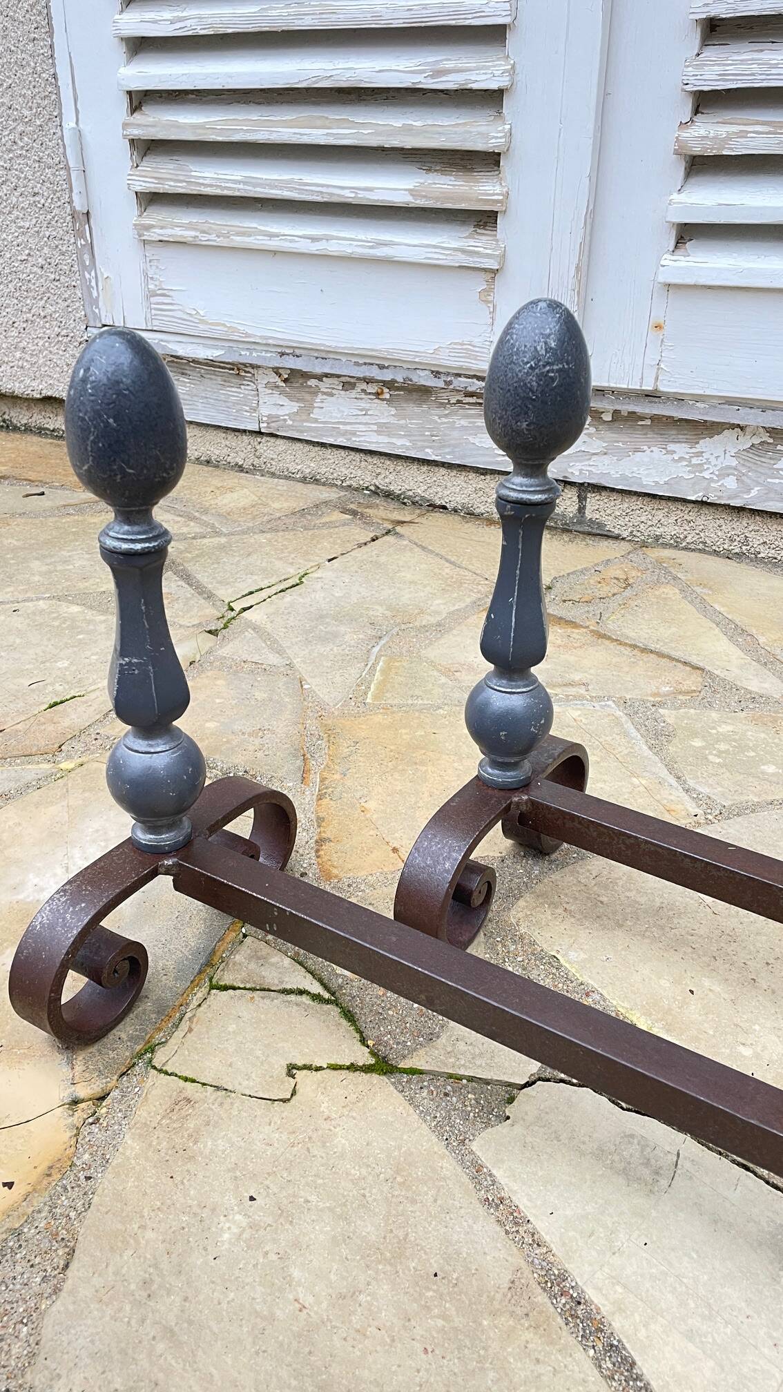 Pair of vintage geometric fire dogs