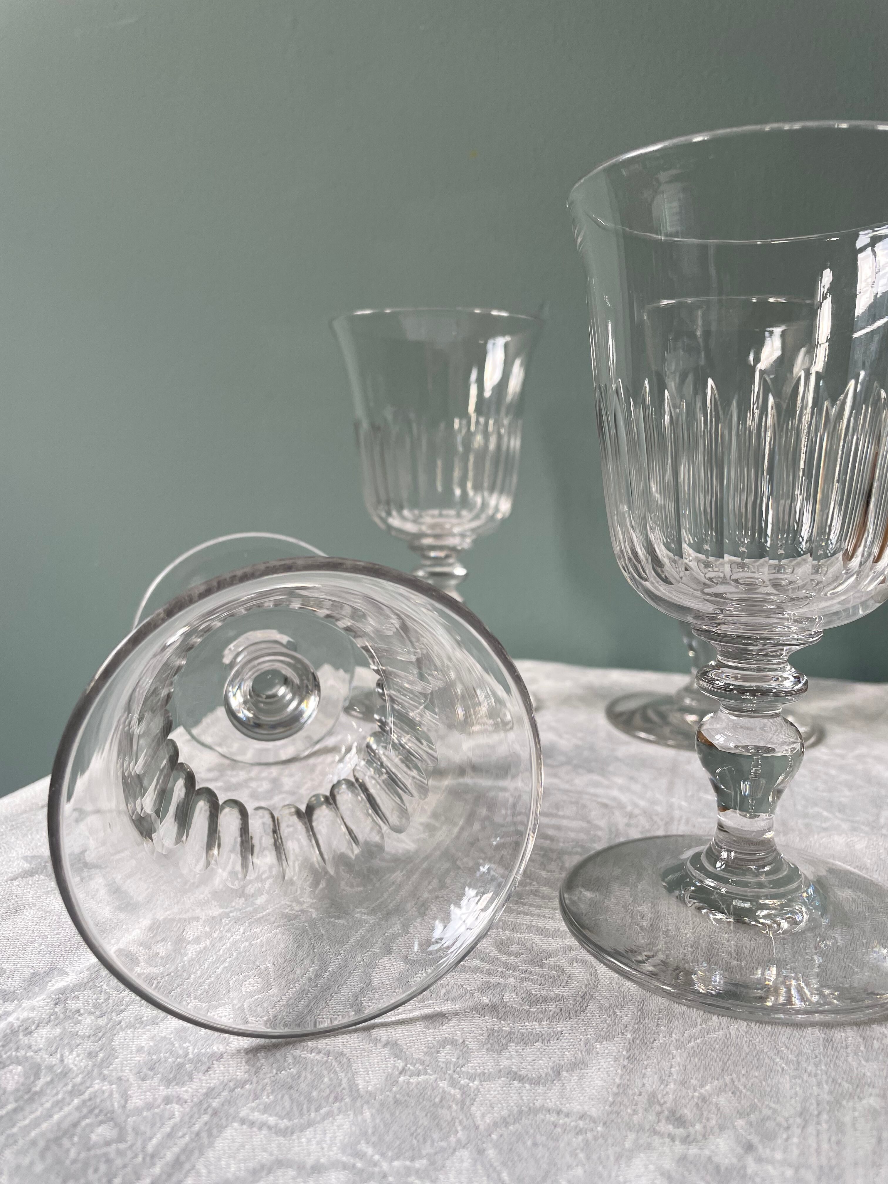 Set of 9 antique foot glasses in cut crystal