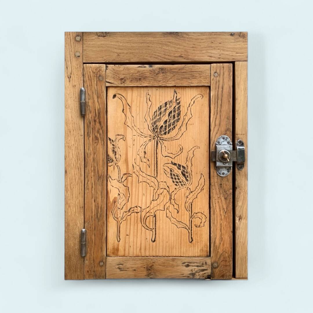 Parisian art deco sideboard in solid raw wood with pyrographed decorations, 1929