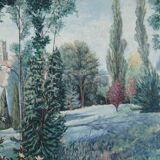 Vue champêtre et du village - huile sur toile signée en bas à droite Ecole Française XXème