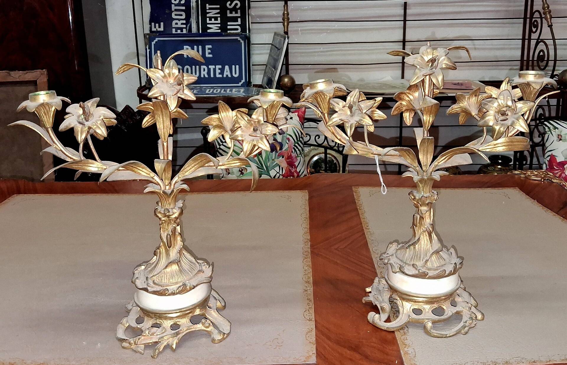 Pair of Louis XV Rocaille Style Candle Holders in Gilded Bronze and Marble