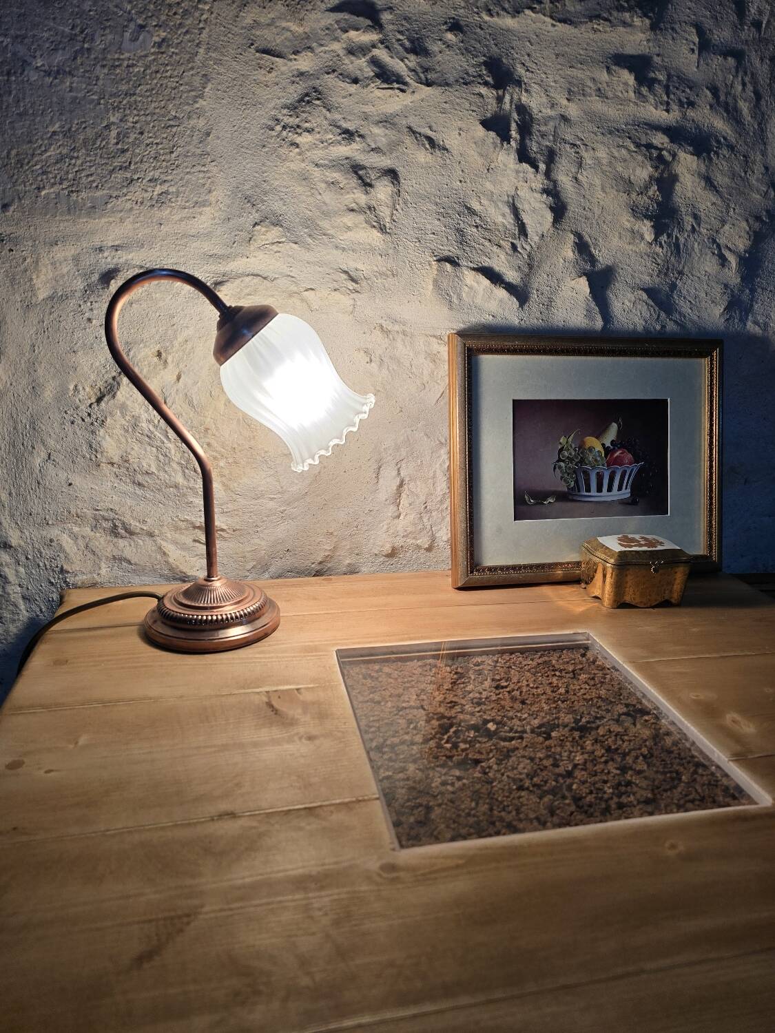 Swan neck lamp and frosted glass tulip