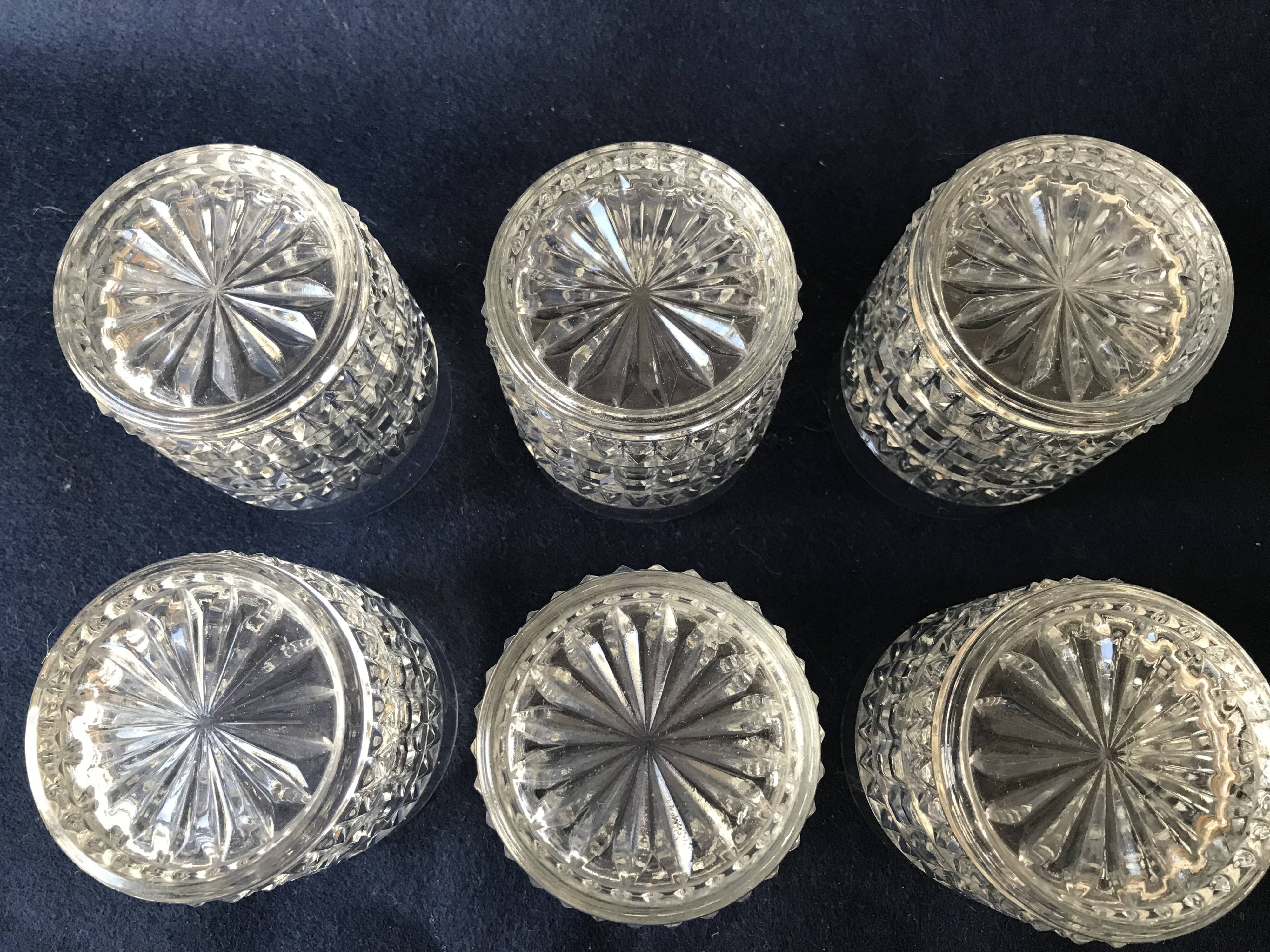 Six diamond-tipped cut glass cups