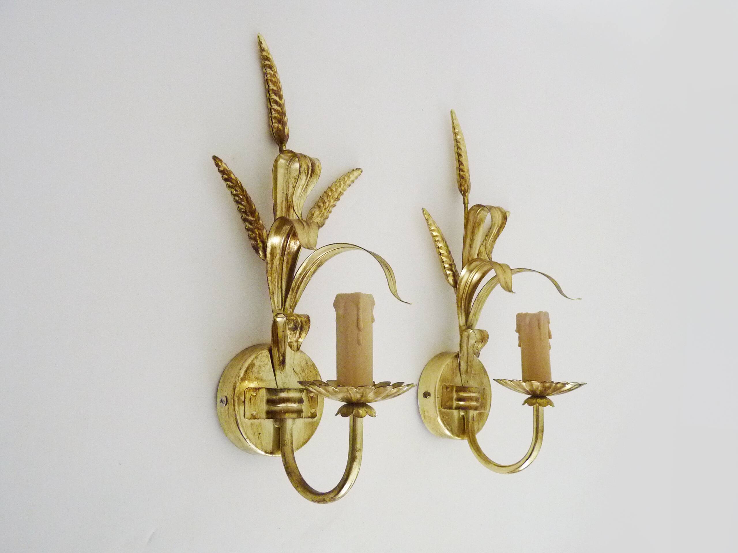 Pair of vintage golden wheat ear wall sconces Maison Masca Florence