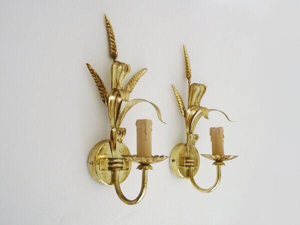 Paire d'appliques murales vintage épis de blé doré Maison Masca Florence