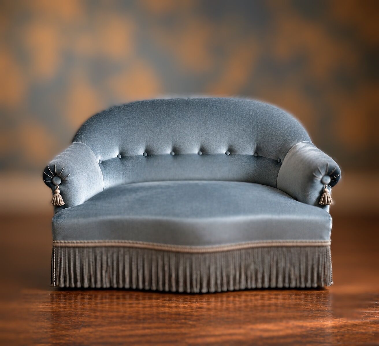 Small vintage boudoir sofa from the 70s in blue velvet with a boudoir spirit.
