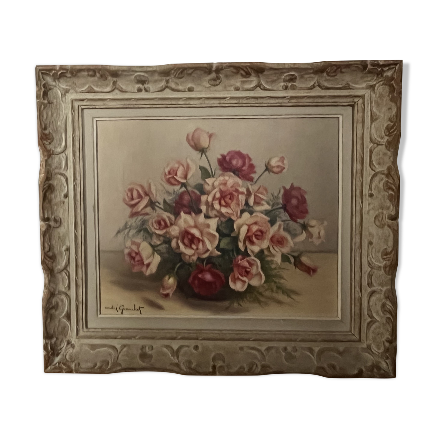 Huile sur toile - nature morte au bouquet de roses