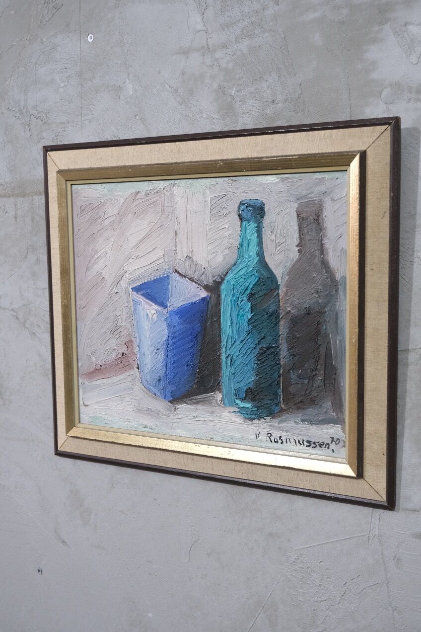 Nature morte scandinave à l’huile, Viktor Rasmussen (1922-2004), années 1970, huile sur toile