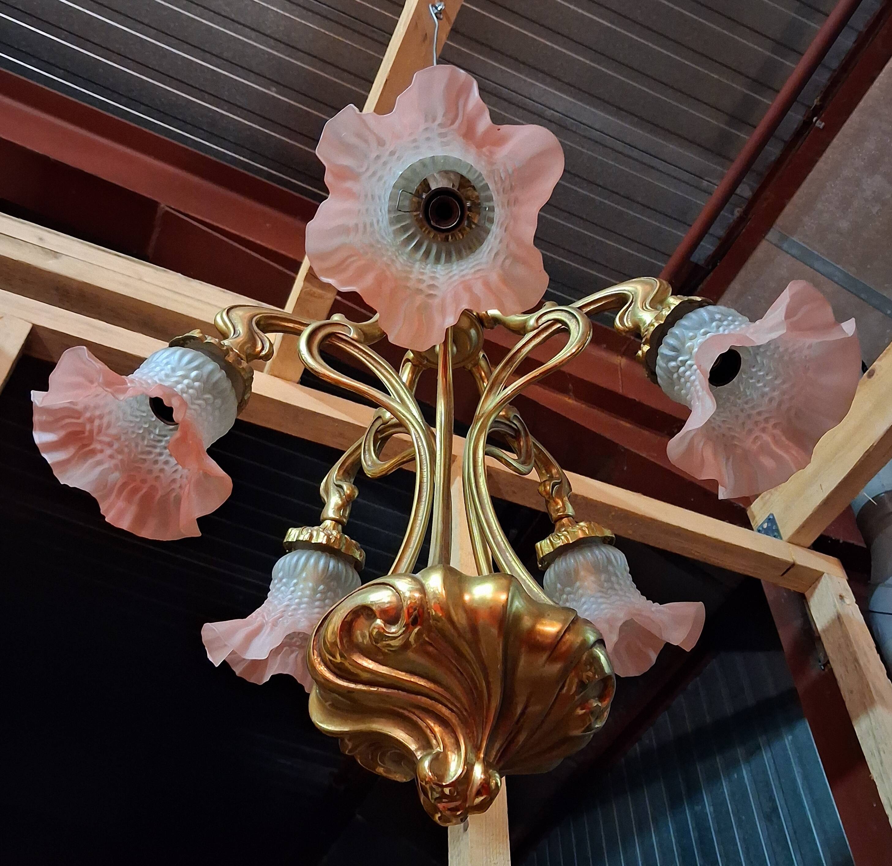 Art Nouveau bronze chandelier with five lights / Nancy school style