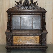 Banc Monks Antique Sculpté Lion Griffon 1860 avec Rangement