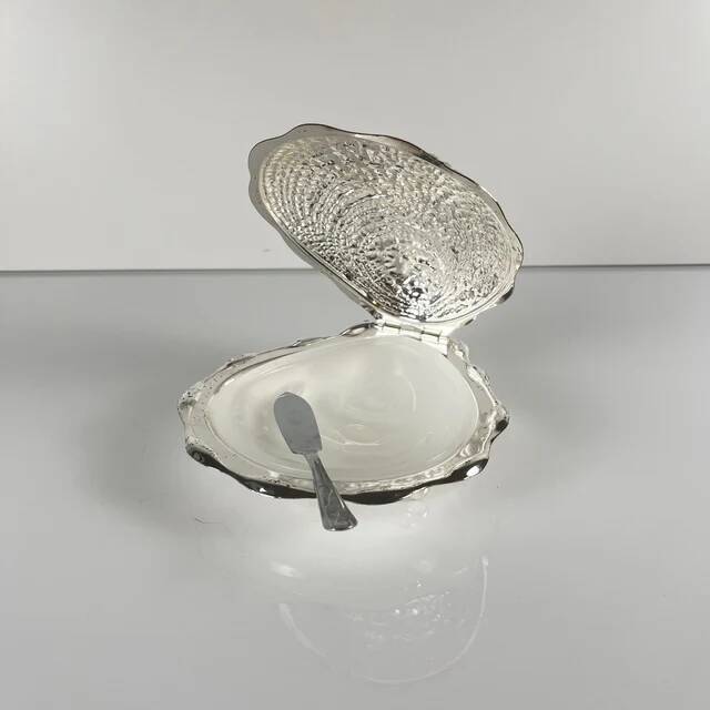 Vintage metal butter dish "Oyster" with glass insert, 1970.