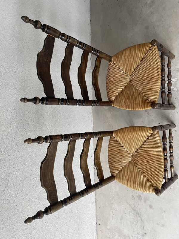 Chaise style campagnard bois massif et paille 1950