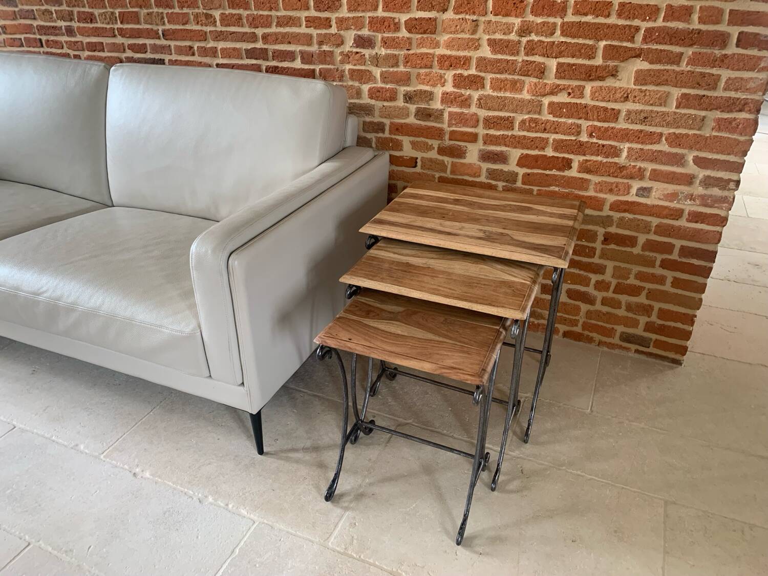 Set of 3 wooden/wrought iron nesting tables