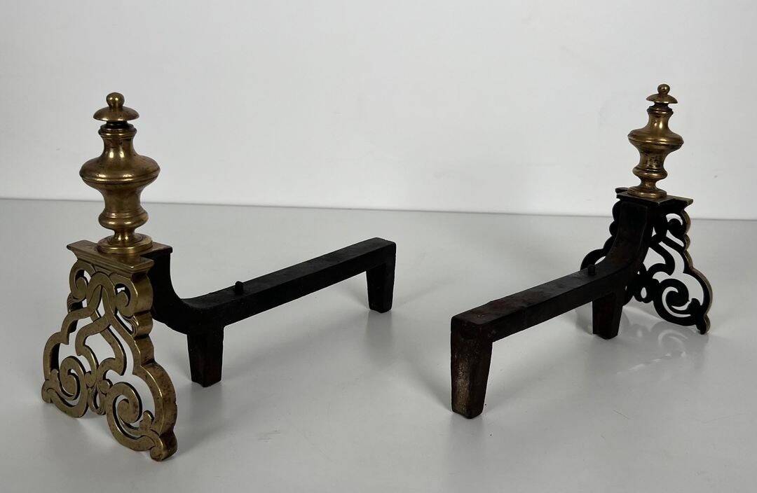 Pair of Chiselled Bronze and Wrought Iron Chenets in Louis XV Style