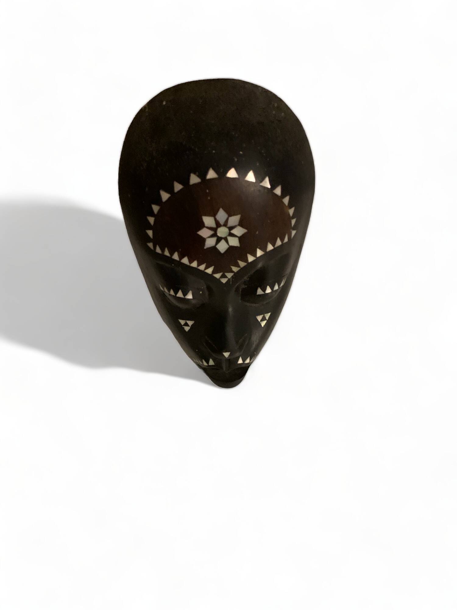 Africa mask in shell wood inlaid Ivory Coast Baoulé African art 1989 old vintage