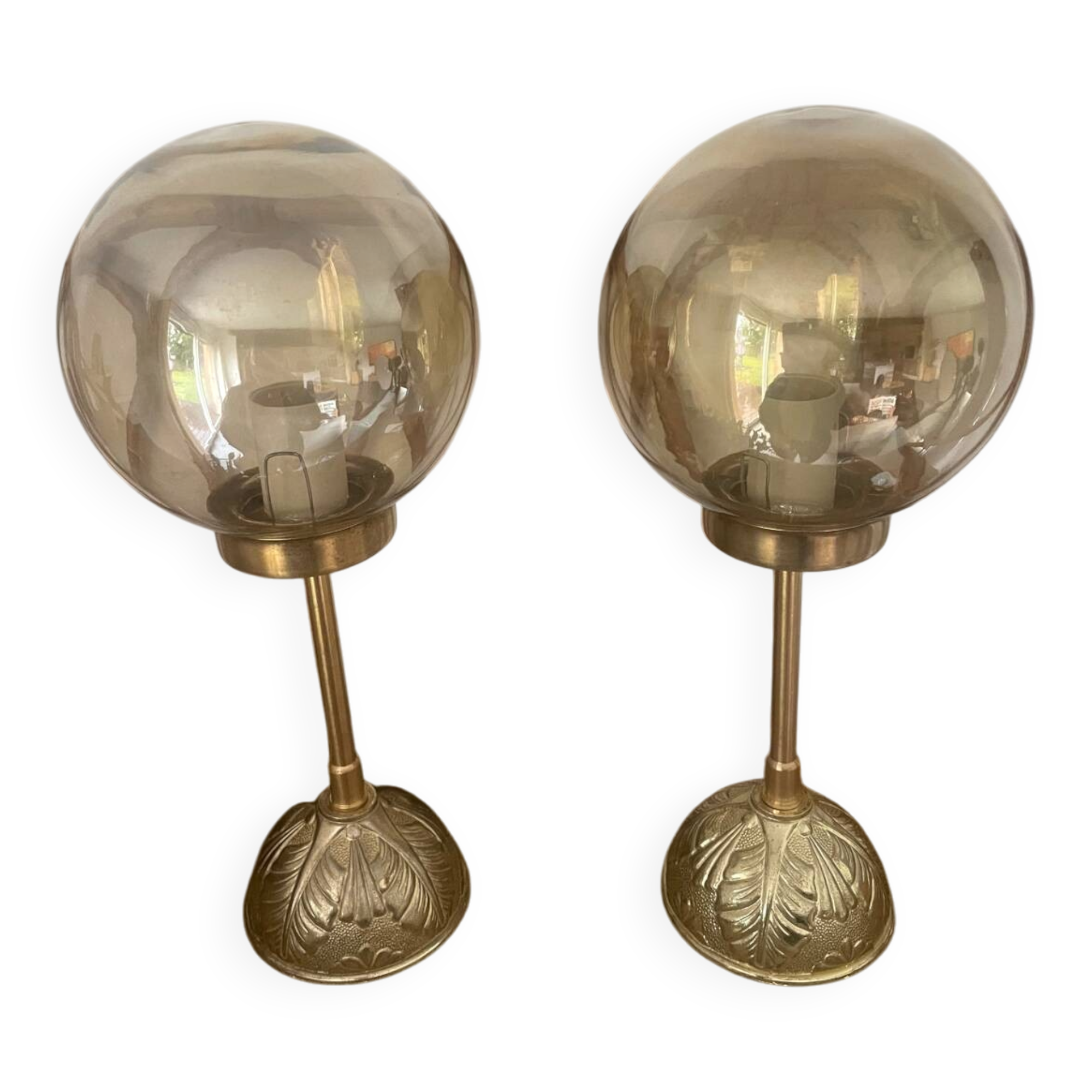 2 round globe amber glass bedside table lamps