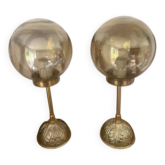 2 round globe amber glass bedside table lamps
