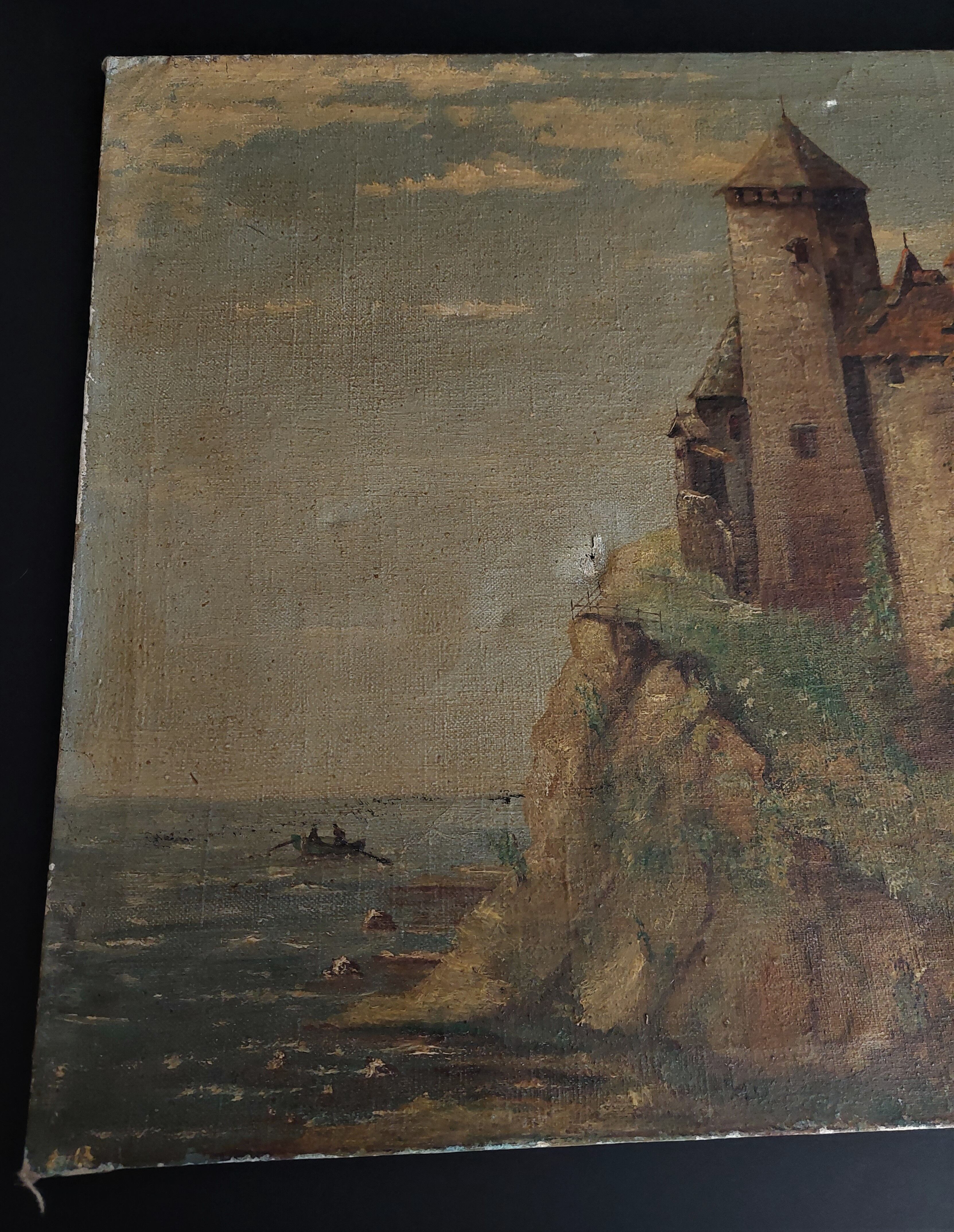 Painting oil on canvas seascape with castle