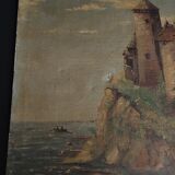 Painting oil on canvas seascape with castle