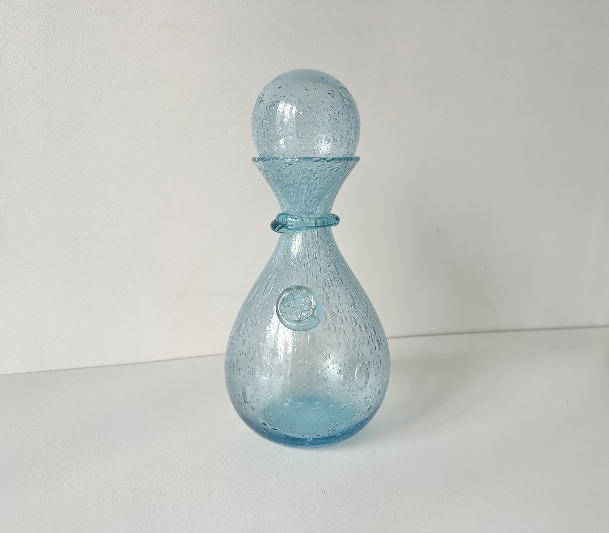 Vintage 1960s blue bubble glass BIOT carafe