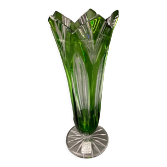 Green and white bohemian crystal cornet vase 1960