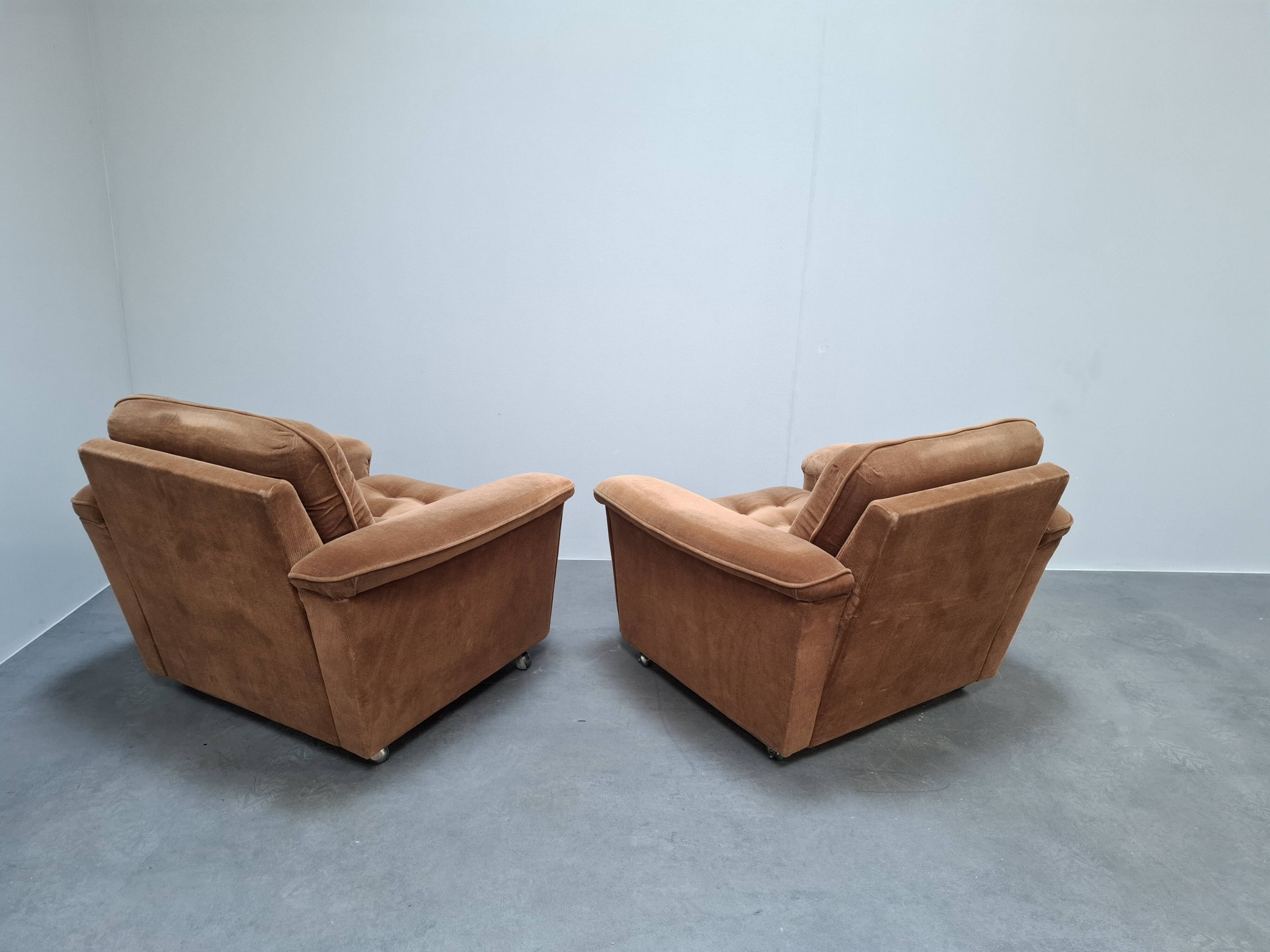 Pair of Mid-Century Modern Czech Lounge Armchairs with Rolling Casters