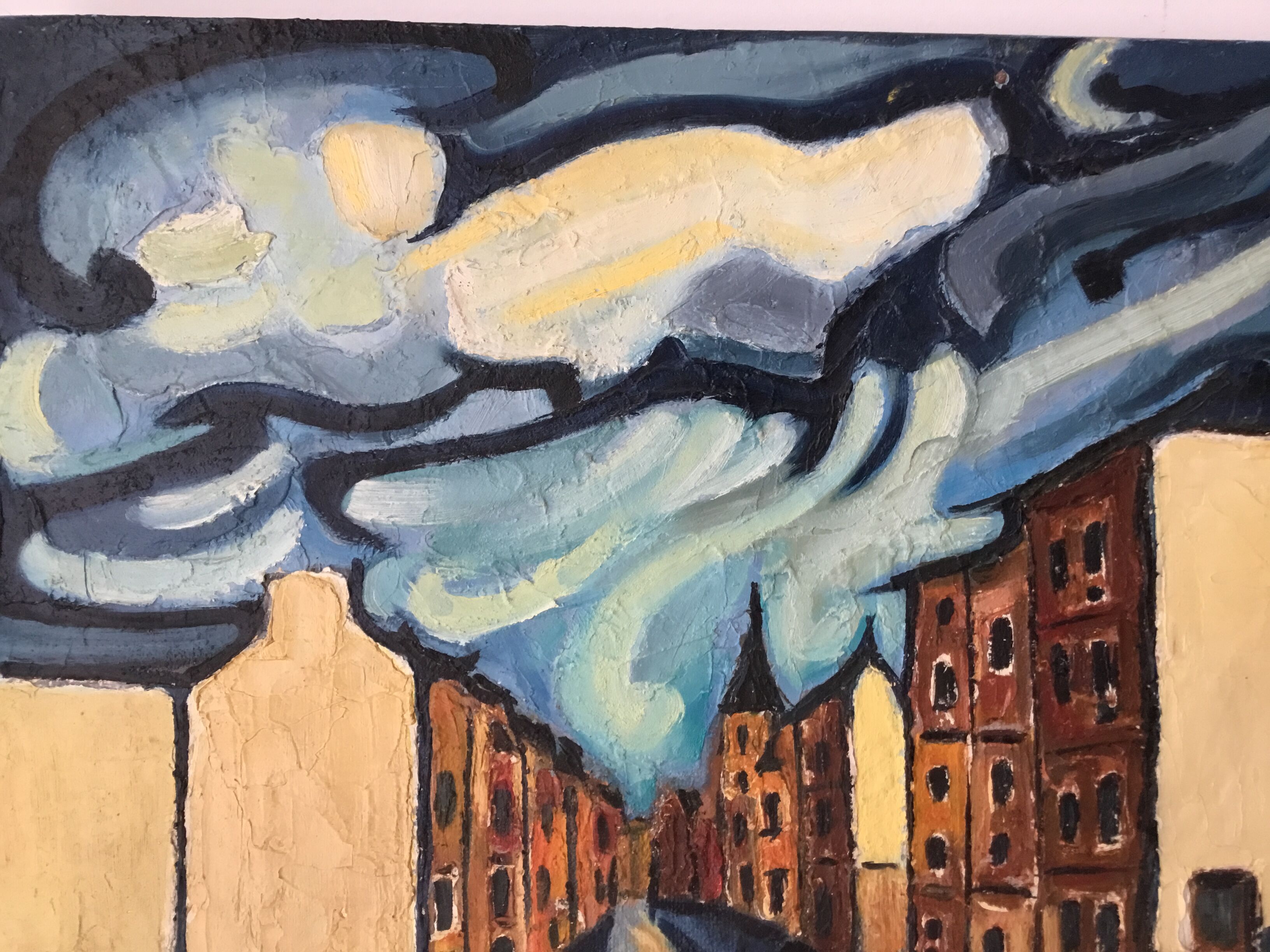 Painting painted on wood "village under the storm"