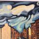 Painting painted on wood "village under the storm"