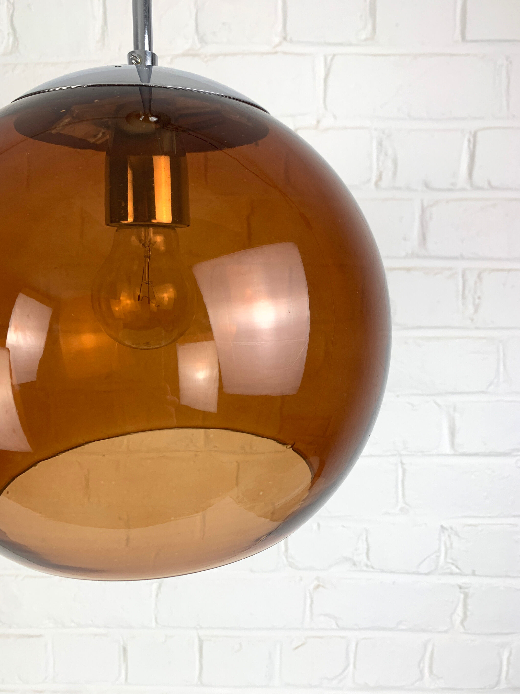 Pendant lamp ball Space Age amber glass chrome 1970s