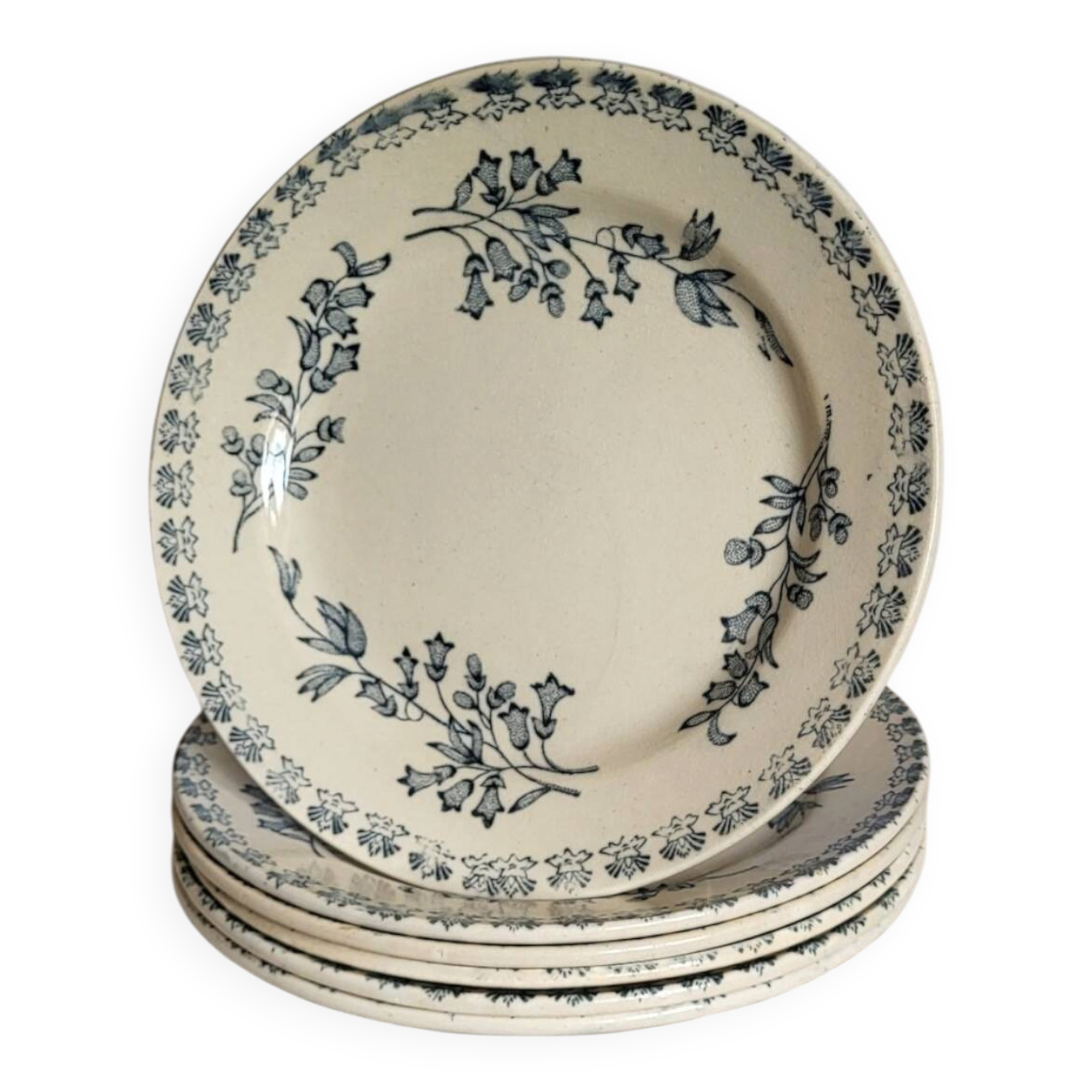 6 assiettes en faïence, Grigny — modèle " Muguet "