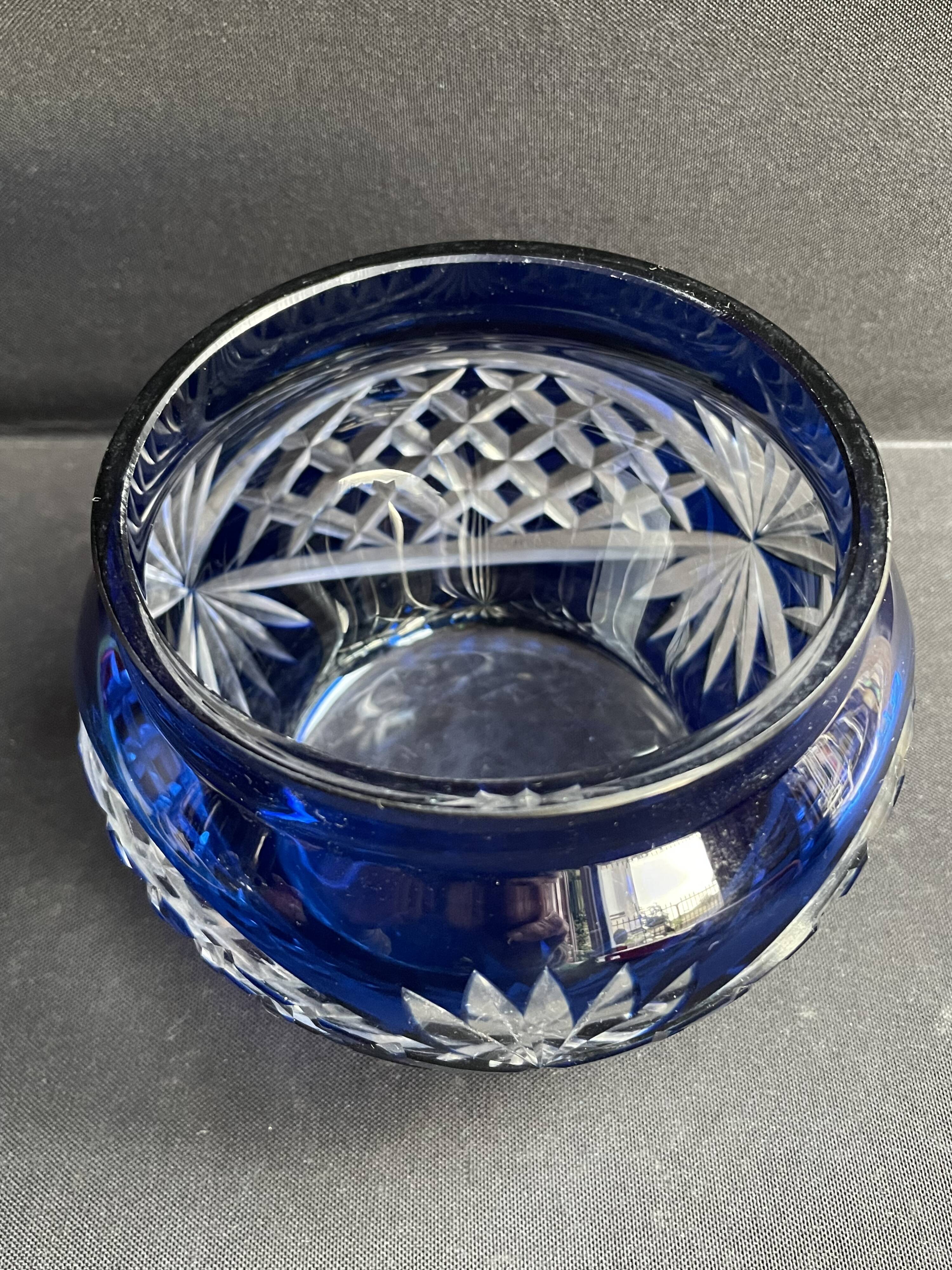 Cobalt blue overlay cut crystal vase
