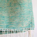 Plaid tissé main vert et lin à fines rayures - franges fines