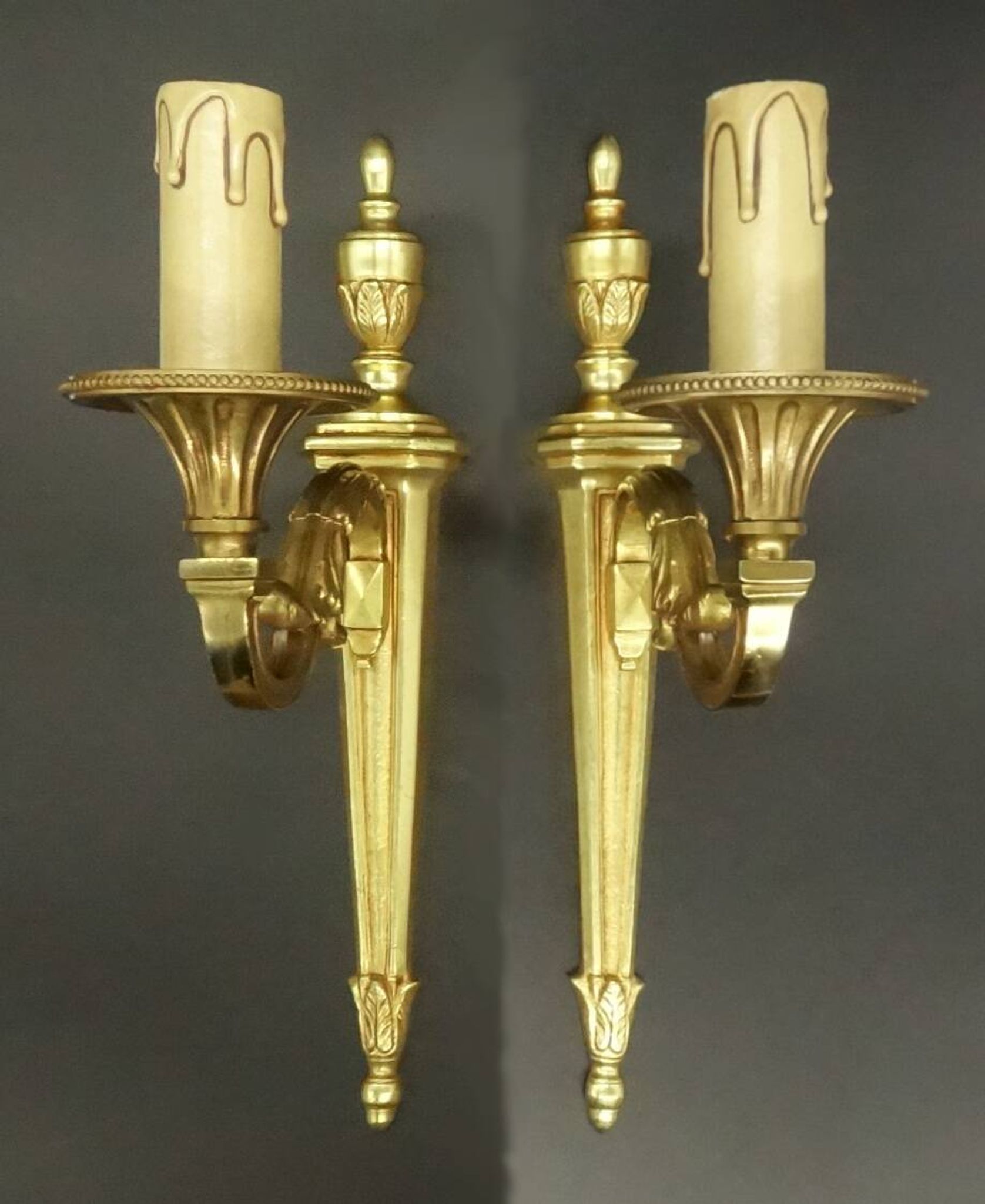 Pair of 1-light louis xvi style wall lights from lucien gau, paris - bronze
