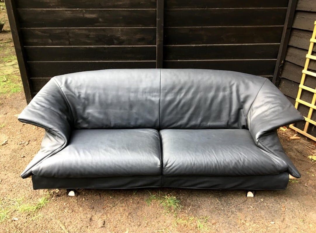 Blue-Grey Leather Sofa by Saporiti, 1980s