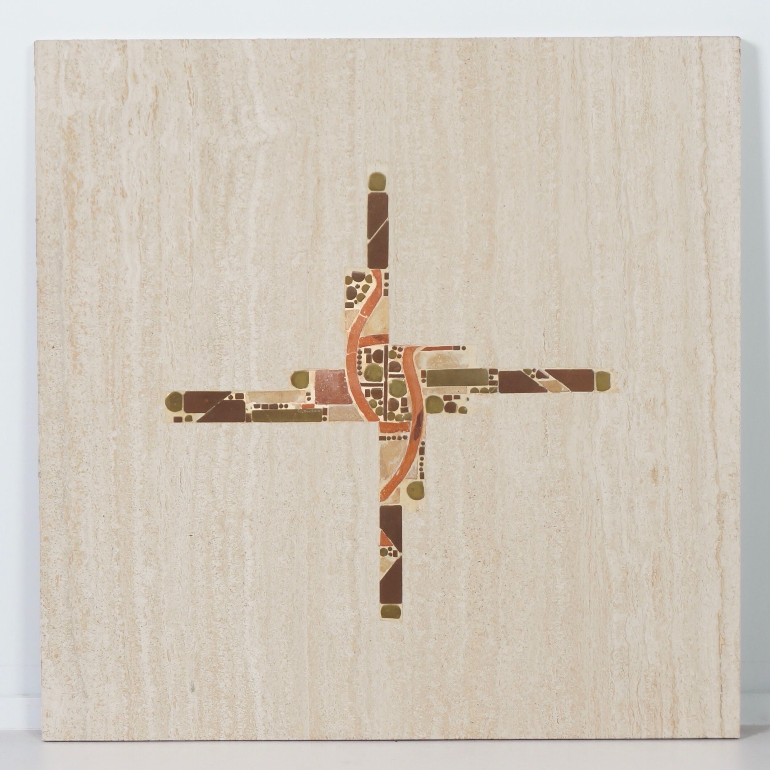 Coffee table by Paul Kingma in travertine with marble and brass inlay, 1980