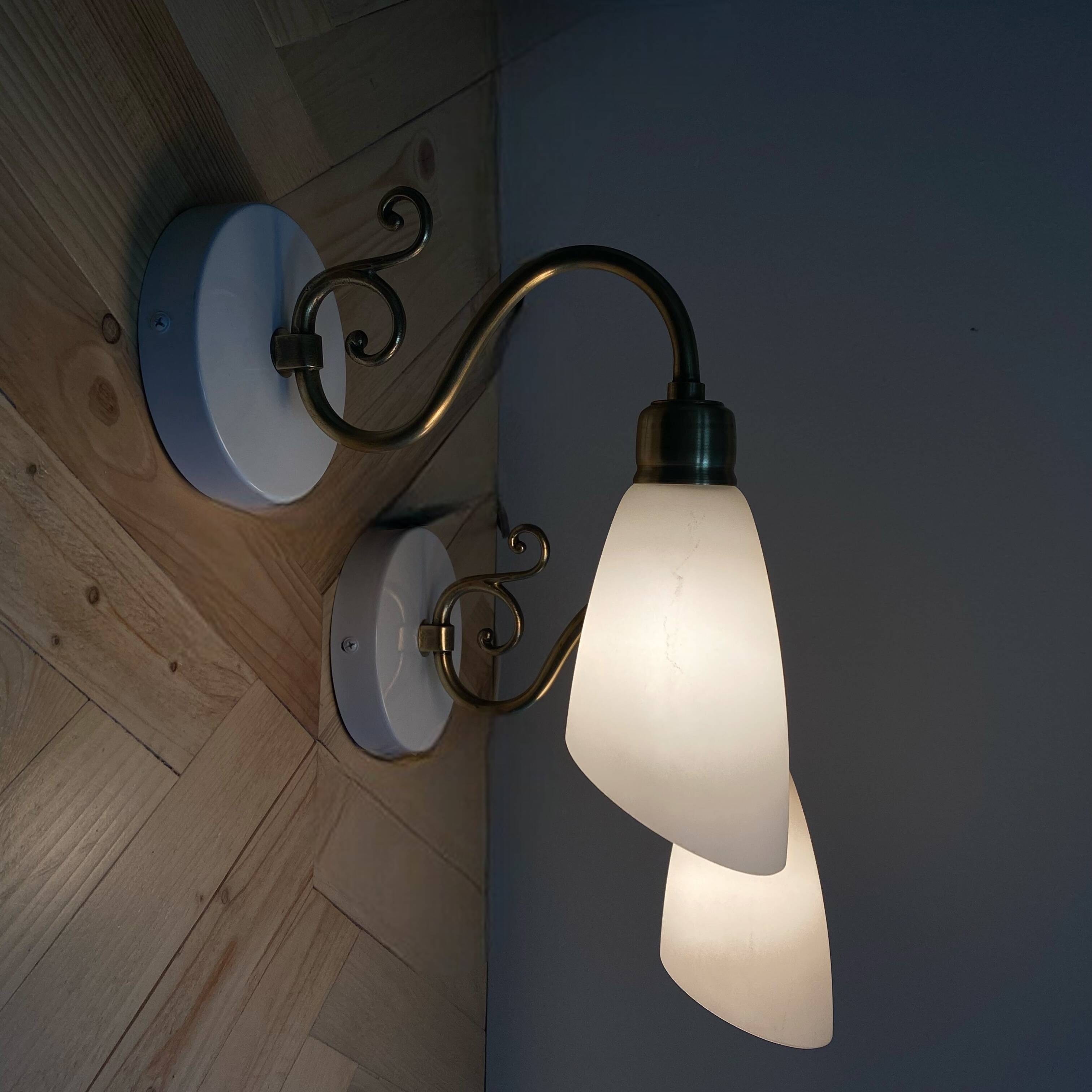 Paire appliques col de cygne laiton tulipe en verre blanc opaline