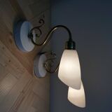 Pair of brass swan neck wall lights with white opaline glass tulip