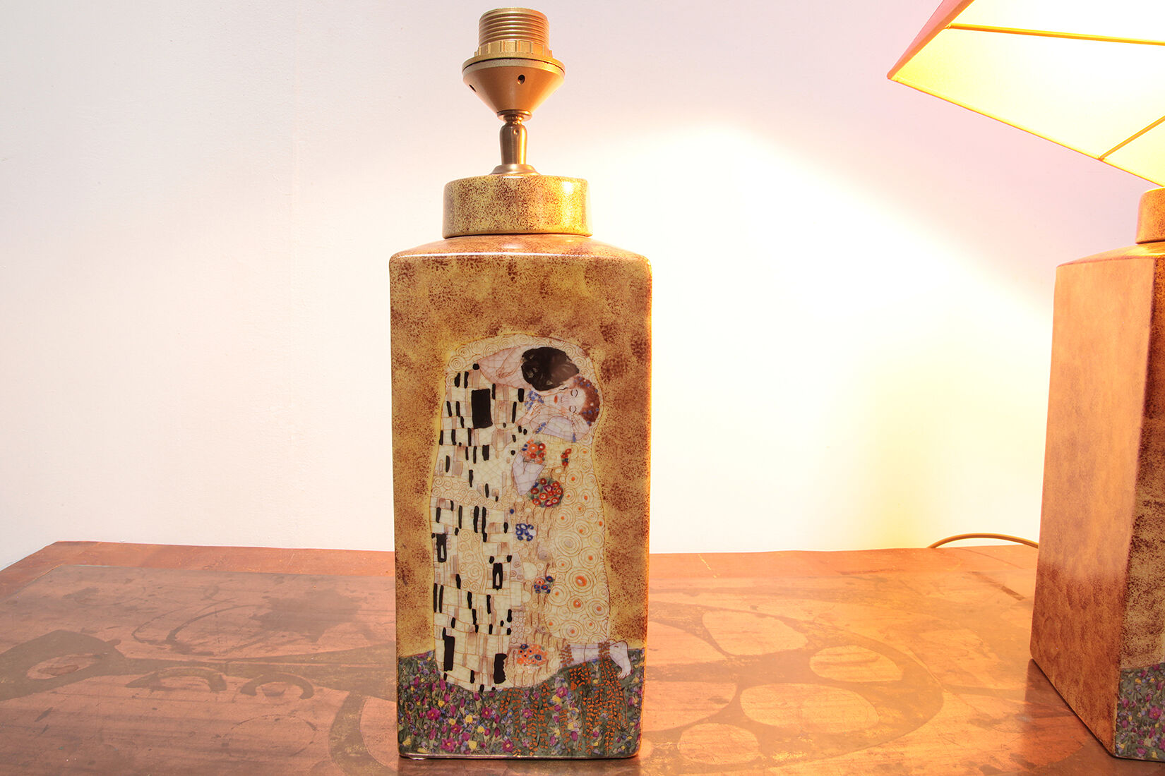 Set of two handmade ceramic gustav klimt table lamps, 80s