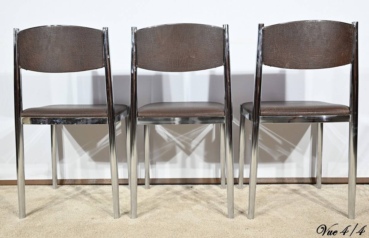 Suite of 3 Leather and Chrome Metal Chairs, attributed to Collomb Creation – 1970