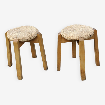 Pair of Scandinavian birch and sea rush stools from the 70s/80s