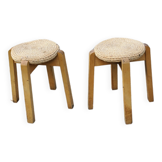 Paire de tabourets scandinaves en bouleau et jonc de mer des années 70/80