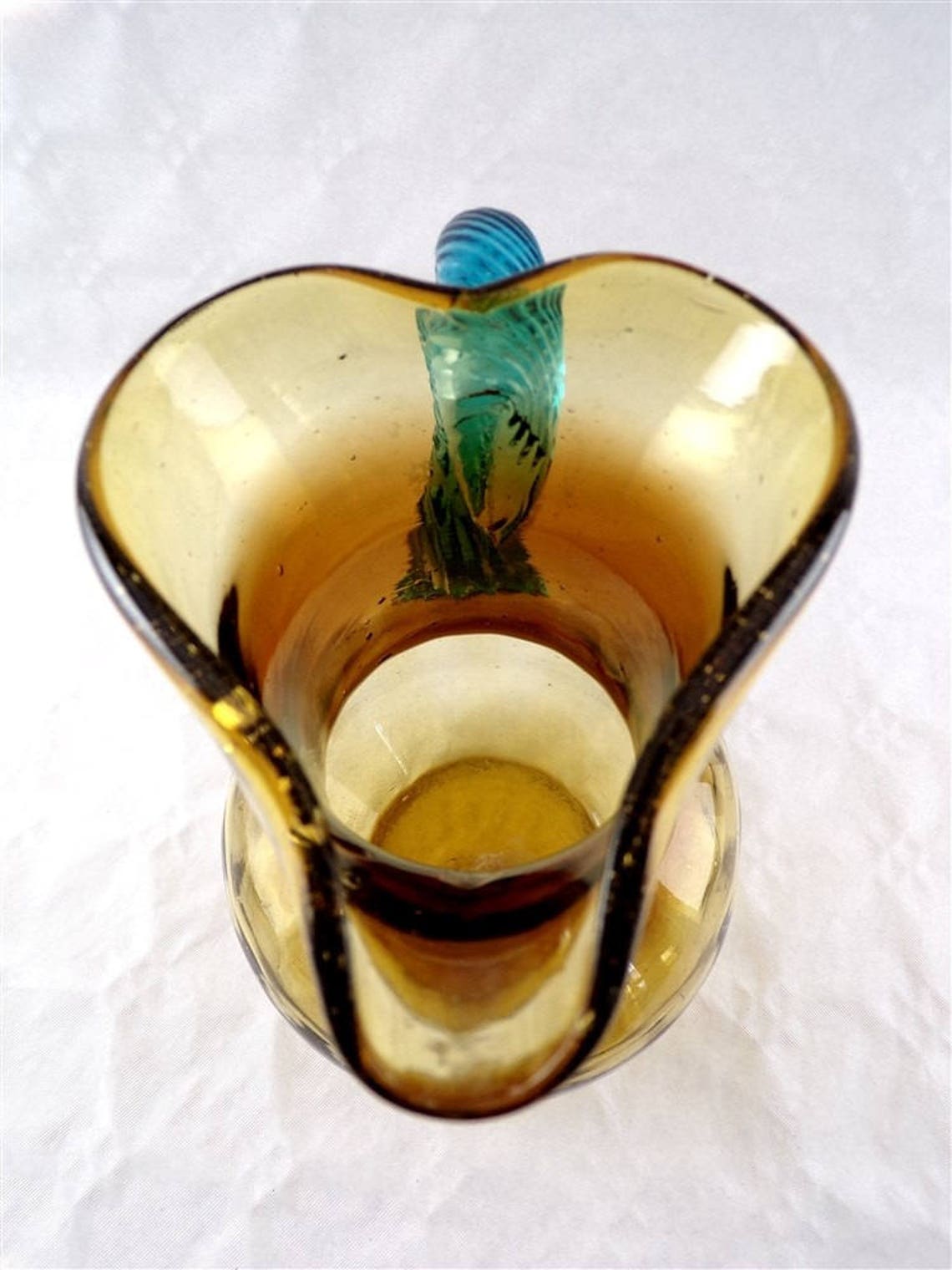 Pitcher in blown glass Portieux model Georges Sand amber and vintage blue France