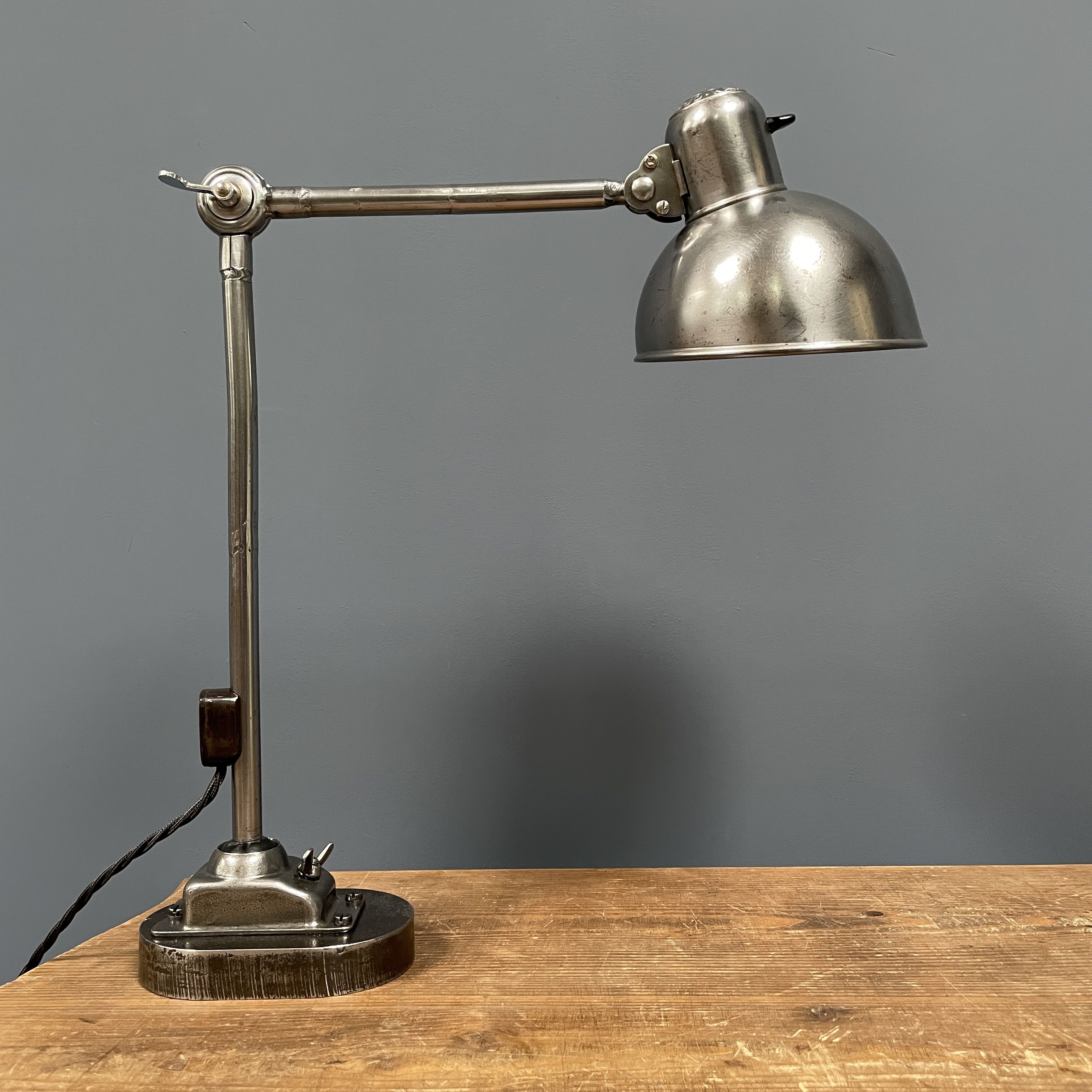Polished Kaiser idell model 6726 workshop table lamp from the 1930s
