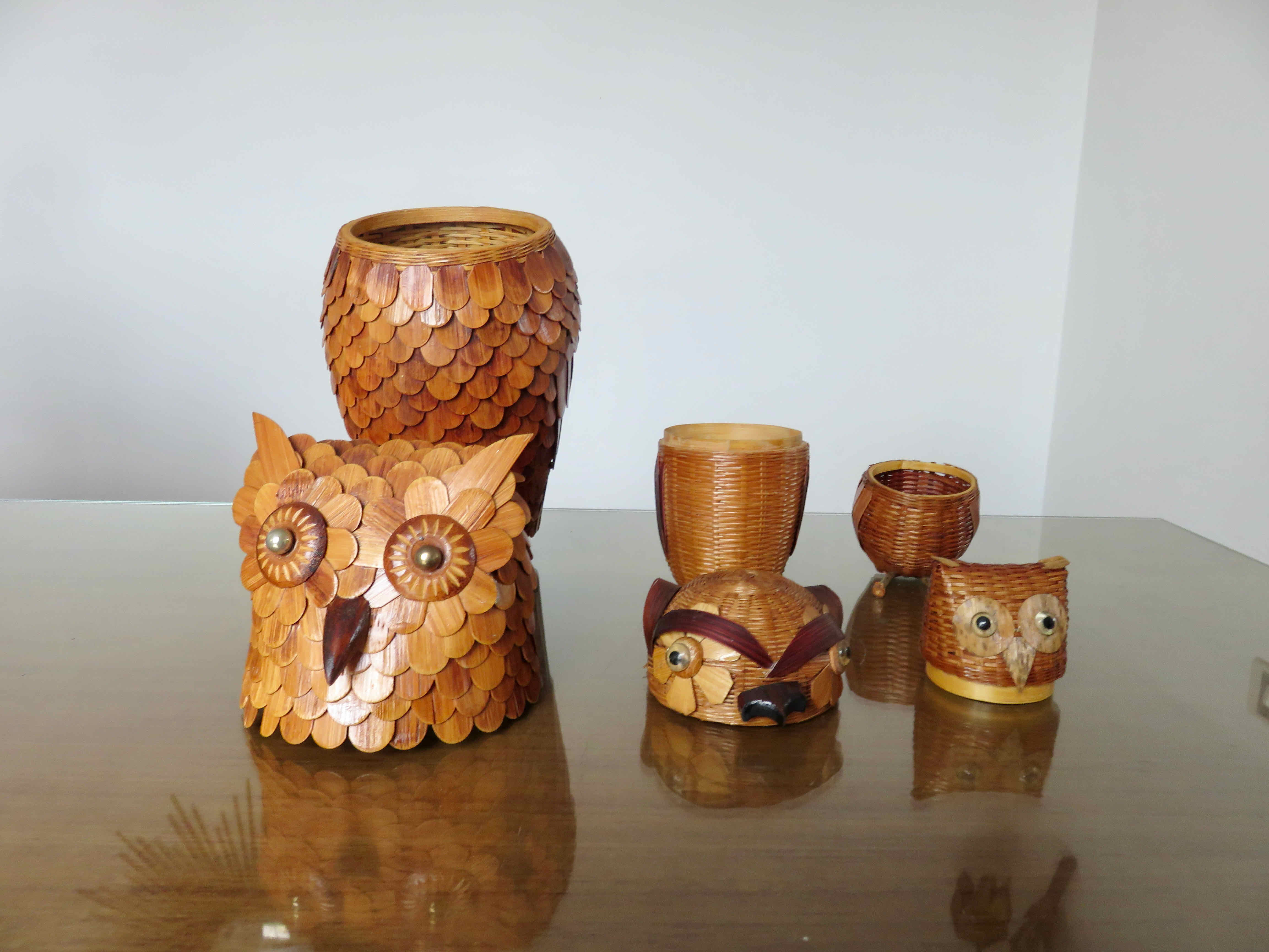 Set of 3 boxes "owl" bamboo 70s