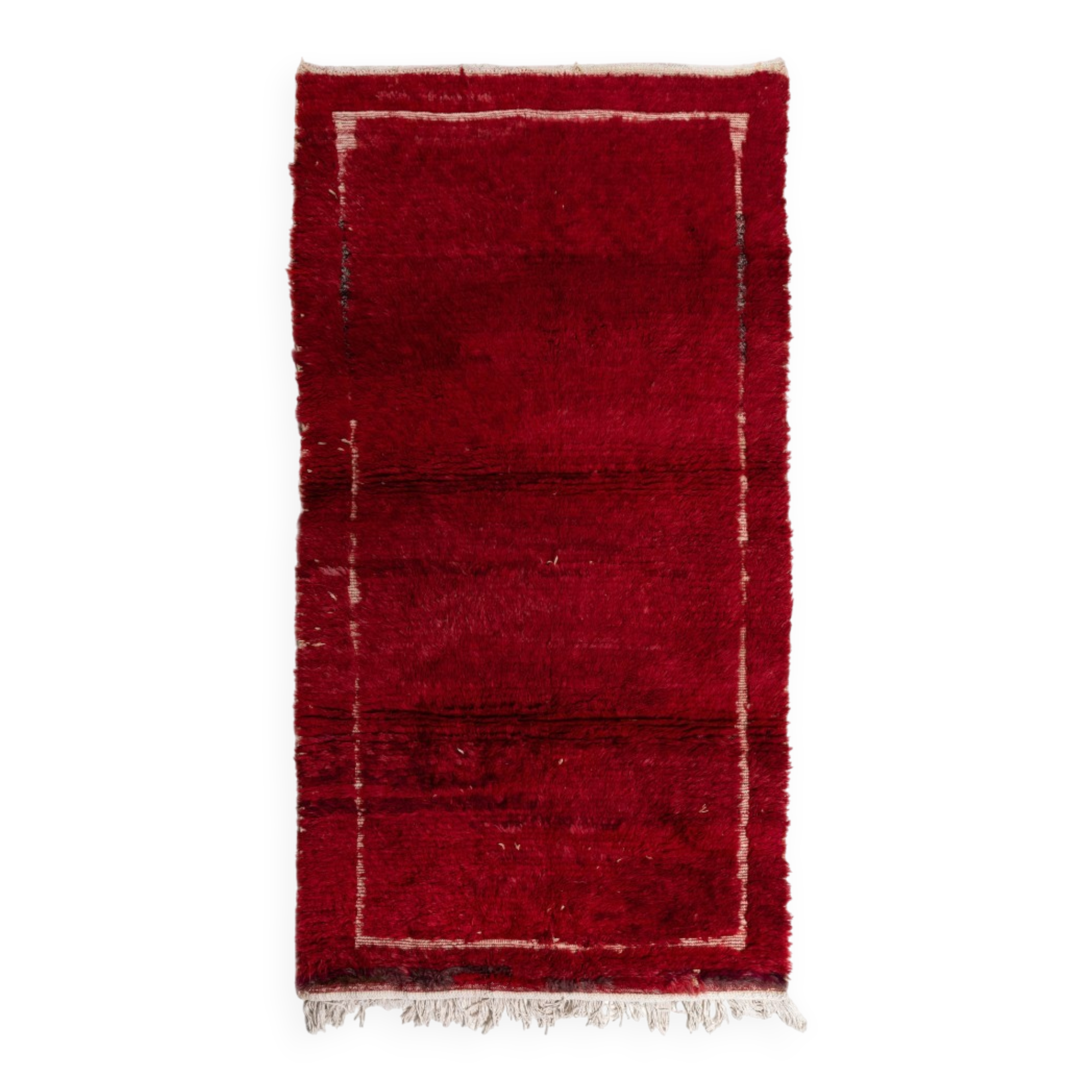 Solid Red Vintage Hand-Knotted Turkish Tulu Rug with Minimalist Ivory Border. 100% Wool