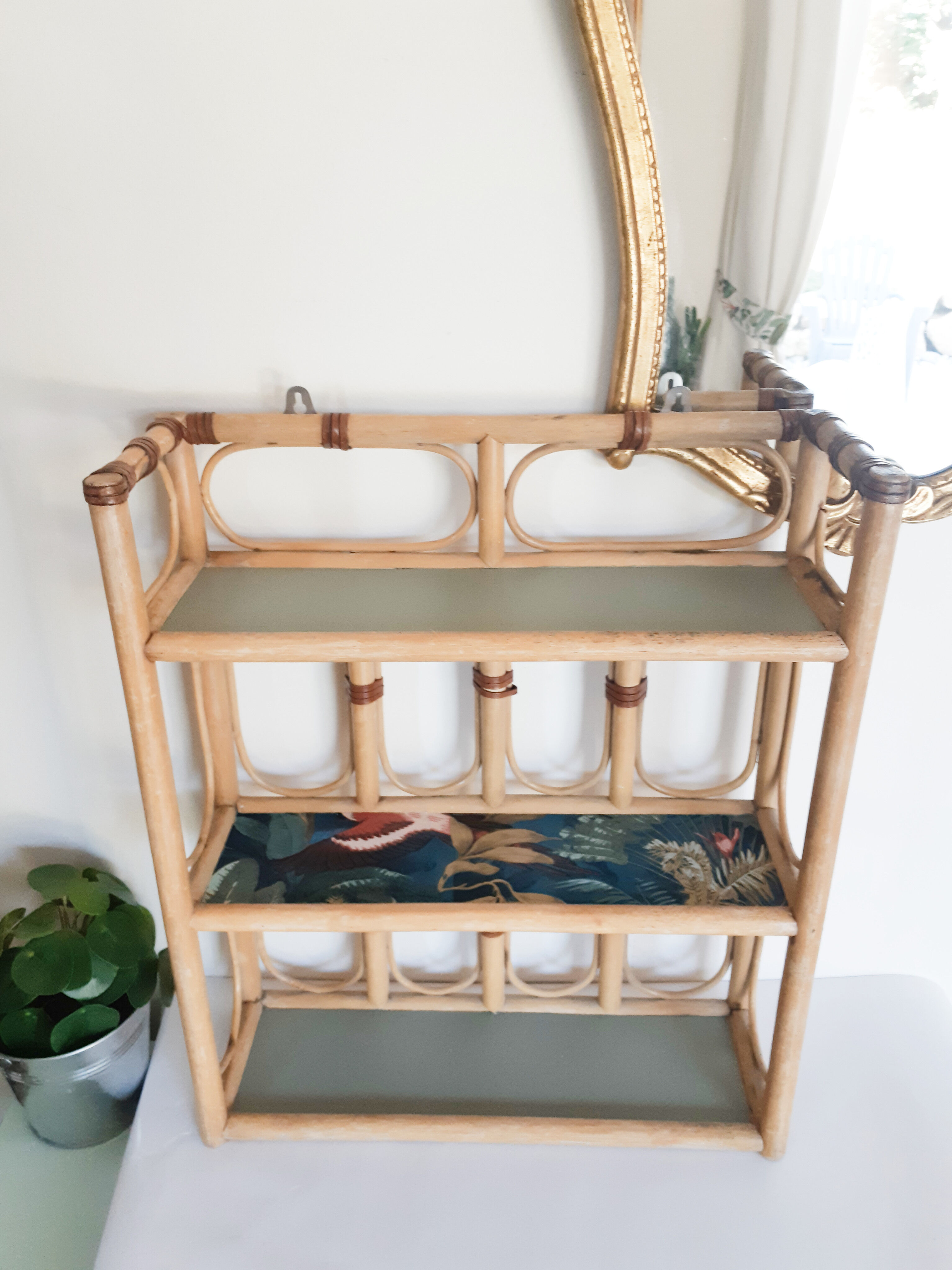 Rattan shelf restyled, vintage, 50s