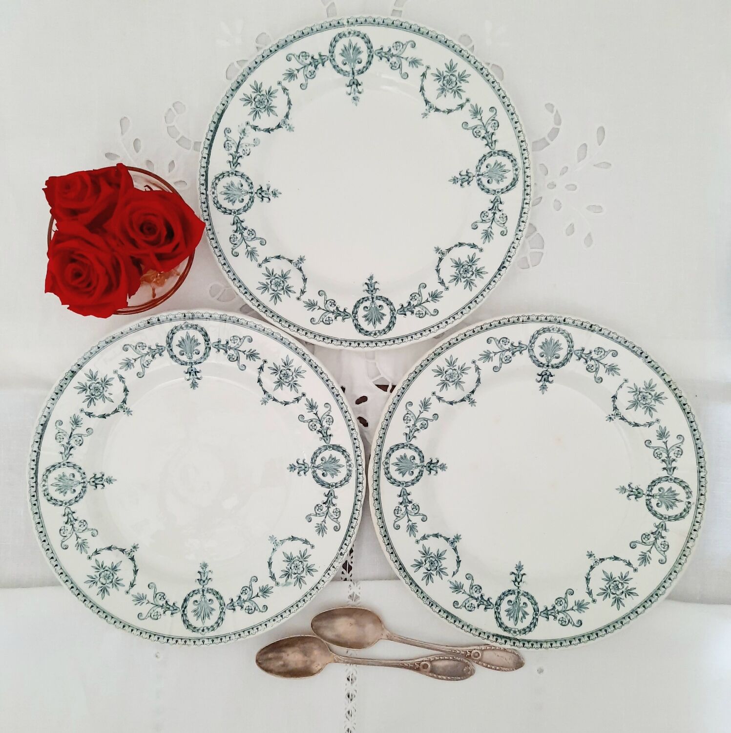 Old dessert plates mismatched in iron earth