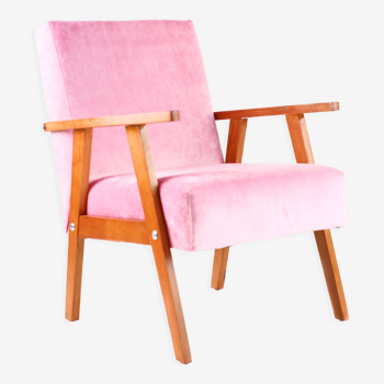 Fauteuil vintage rose velours Pierre Frey bois massif, années 60 / 70, livraison gratuite